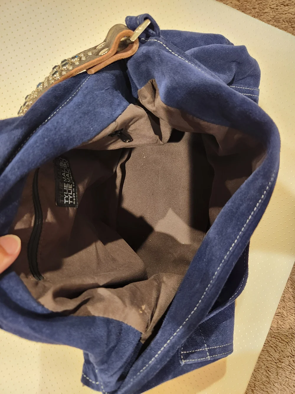 Tylie Malibu Suede Navy Blue Shoulder Bag with Embellished Brown Strap - Picture 4 of 6